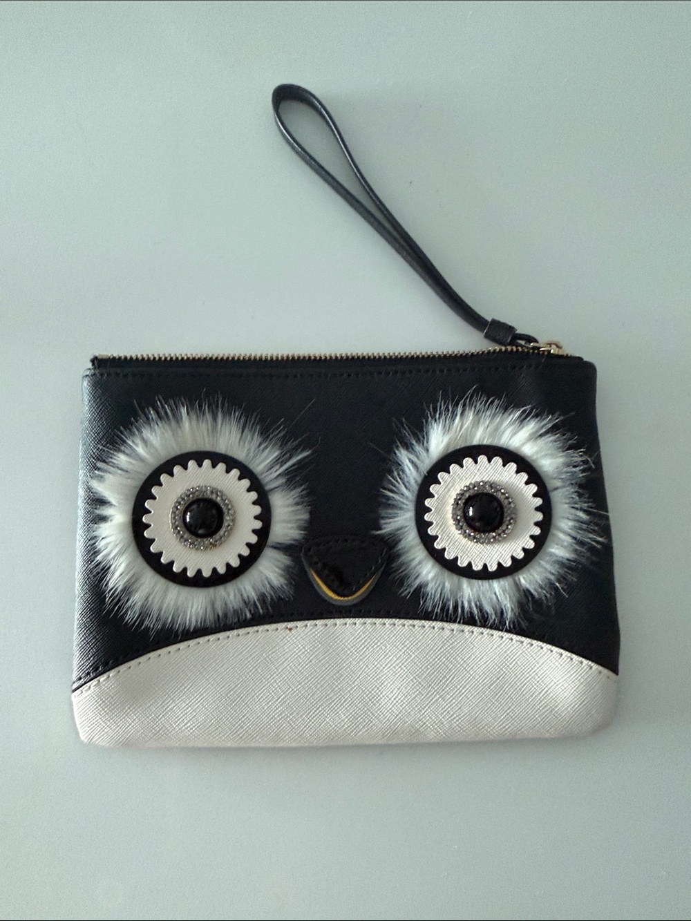 kate spade Black and White Owl Wristlet Clutch with Fur Trim
